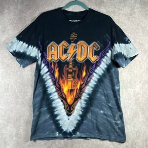 AC/DC Hell's Bells Liquid Blue Tie Dye Graphic T-Shirt L Rock Band Tee Y2K Retro